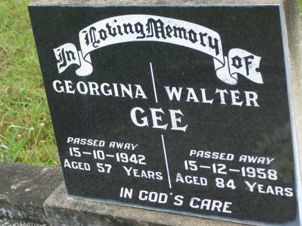 Georgina GEE,  | died 15-10-1942 aged 57 years;  | Walter GEE,  | died 15-12-1958 aged 84 years;  | Tiaro cemetery, Fraser Coast Region  | 