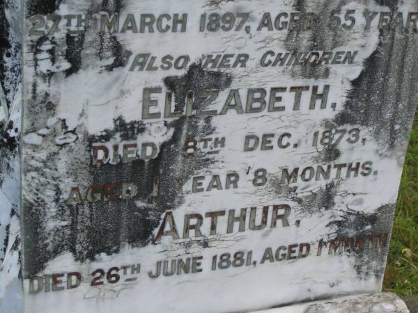 Hannah GEE,  | died Bauple 27 March 1897 aged 55 years;  | Elizabeth,  | child,  | died 8 Dec 1873 aged 1 year 8 months;  | Arthur,  | child,  | died 26 June 1881 aged 1 month;  | Tiaro cemetery, Fraser Coast Region  | 