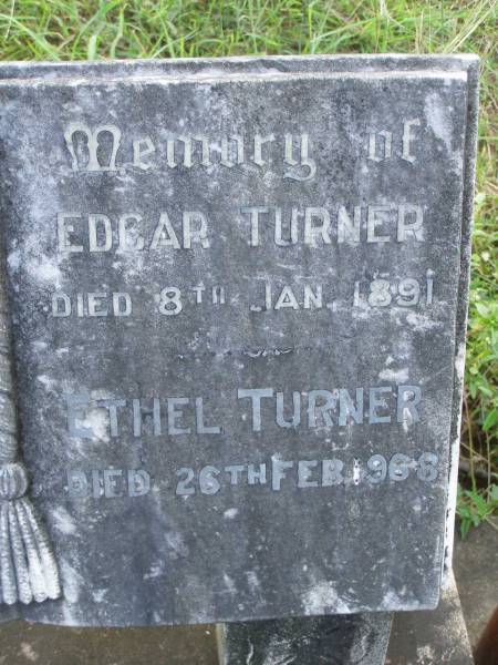 Isaiah TURNER,  | died 1 Dec 1933;  | Elizabeth TURNER,  | died 28 Oct 1959;  | Edgar TURNER,  | died 8 Jan 1891;  | Ethel TURNER,  | died 26 Feb 1968;  | Minnie HANSEN,  | wife,  | died 30-6-1970 aged 86 years;  | Alfred Jens (Squire) HANSEN,  | husband,  | died 27-10-1984 aged 85 years;  | Tiaro cemetery, Fraser Coast Region  | 