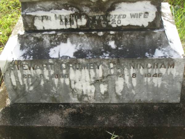 Muriel,  | daughter of Stewart & Mary CUNNINGHAM,  | died 11 Jan 1915 aged 9 months;  | [Mary CUNNINGHHAM?]  | wife mother,  | died 24-3-20;  | Stewart Crumby CUNNINGHAM,  | 20-6-1866 - 2-8-1946;  | Tiaro cemetery, Fraser Coast Region  | 