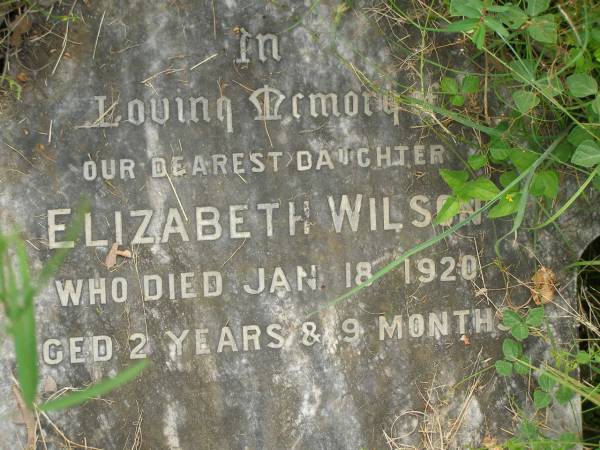 Elizabeth WILSON,  | daughter,  | died 18 Jan 1920 aged 2 years 9 months;  | Tiaro cemetery, Fraser Coast Region  | 