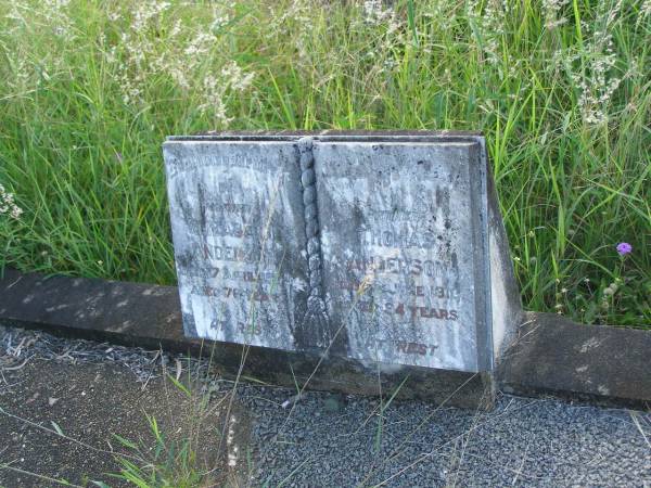 Elizabeth ANDERSON,  | mother,  | died 17 April 1903 aged 76 years;  | Thomas ANDERSON,  | father,  | died 2 June 1913 aged 94 years;  | Tiaro cemetery, Fraser Coast Region  | 