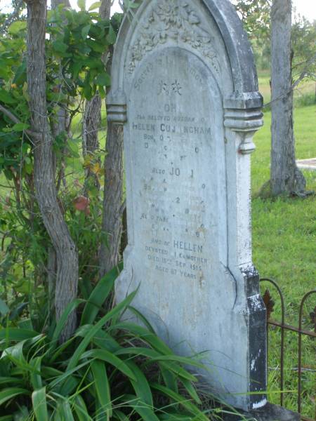 John,  | husband of Helen CUNNINGHAM,  | born 28 Oct 1821,  | died 20 Oct 1907;  | John,  | son,  | born 12 April 1851,  | died 21 Nov 1877;  | infant son,  | died 28 May 1865;  | Hellen,  | wife mother,  | died 16 Sept 1915 aged 87 years;  | Tiaro cemetery, Fraser Coast Region  | 