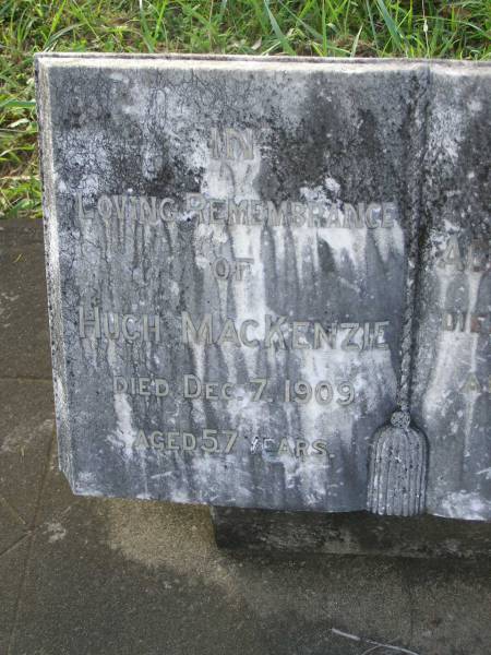 Hugh MACKENZIE,  | died 7 Dec 1909 aged 57 years;  | Agnes MACKENZIE,  | died 10 April 1942 aged 84 years;  | Tiaro cemetery, Fraser Coast Region  | 
