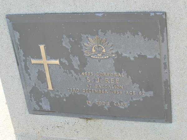 S.J. REE,  | died 23 Dec 1958 aged 62 years;  | Tiaro cemetery, Fraser Coast Region  | 