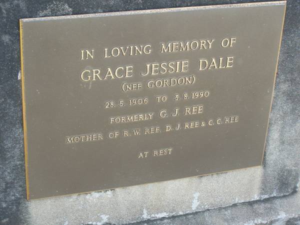 Grace Jessie DALE (nee GORDON formerly REE),  | 28-5-1906  - 3-8-1990,  | mother of R.W. REE, D.J. REE & C.C. REE;  | Tiaro cemetery, Fraser Coast Region  | 