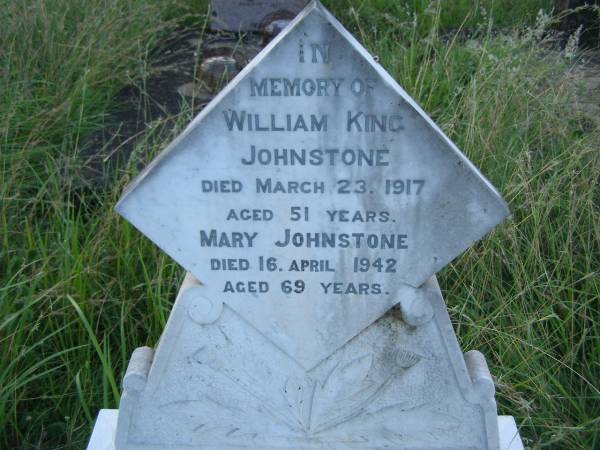 William King JOHNSTONE,  | died 23 March 1917 aged 51 years;  | Mary JOHNSTONE,  | died 16 April 1942 aged 69 years;  | Tiaro cemetery, Fraser Coast Region  | 