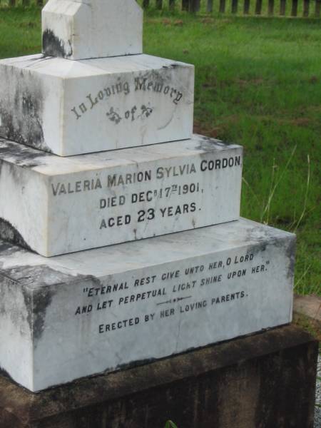 Valeria Marion Sylvia GORDON,  | died 17 Dec 1901 aged 23 years,  | erected by parents;  | Tiaro cemetery, Fraser Coast Region  | 