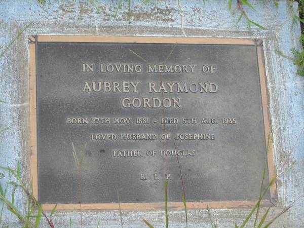 Aubrey Raymond GORDON,  | born 27 Nov 1881,  | died 5 Aug 1935,  | husband of Josephine,  | father of Douglas;  | Tiaro cemetery, Fraser Coast Region  | 