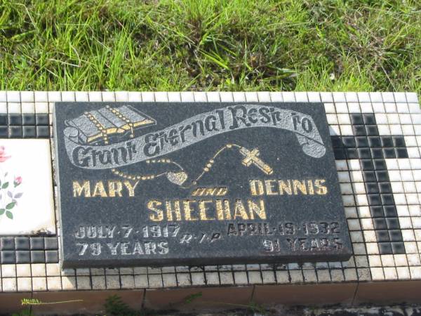 Mary SHEEHAN,  | died 7 July 1917 aged 79 years;  | Dennis SHEEHAN,  | died 19 April 1932 aged 91 years;  | Tiaro cemetery, Fraser Coast Region  | 