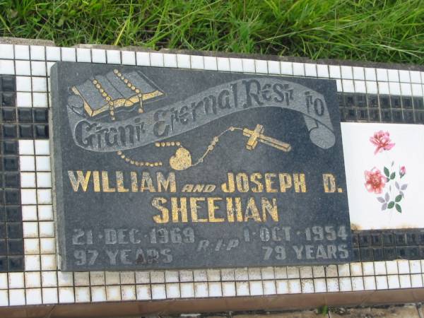 William SHEEHAN,  | died 21 Dec 1969 aged 97 years;  | Joseph D. SHEEHAN,  | died 1 Oct 1954 aged 79 years;  | Tiaro cemetery, Fraser Coast Region  | 