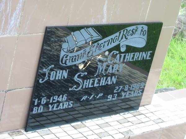 John SHEEHAN,  | died 1-6-1946 aged 80 years;  | Catherine Mary SHEEHAN,  | died 27-8-1969 aged 93 years;  | Tiaro cemetery, Fraser Coast Region  | 