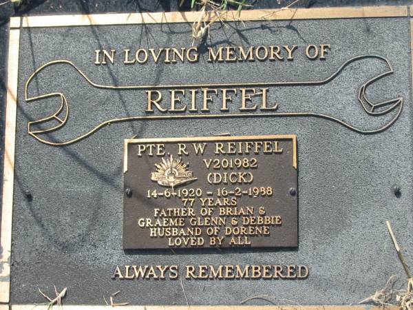 R.W. (Dick) REIFFEL,  | 14-6-1920 - 16-2-1998? aged 77 years,  | father of Brian & Graeme Gleen & Debbie,  | husband of Dorene;  | Tiaro cemetery, Fraser Coast Region  | 