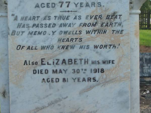 Nathan,  | husband of Elizabeth FRAIL,  | died 26 Sept 1902 aged 77 years;  | Elizabeth,  | wife,  | died 30 May 1918 aged 81 years;  | Charlotte E. FRAIL,  | died 5 May 1880 aged 4 weeks;  | Tiaro cemetery, Fraser Coast Region  | 