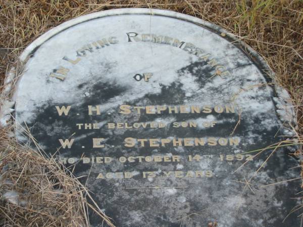 W.H. STEPHENSON,  | son of W.E. STEPHENSON,  | died 14 Oct 1892 aged 13 years;  | Tiaro cemetery, Fraser Coast Region  | 