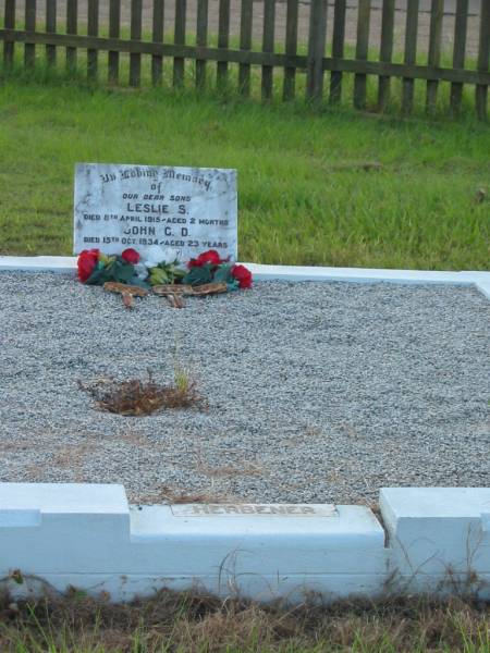 Leslie S. HERBENER,  | son,  | died 8 April 1915 aged 2 months;  | John G.D. HERBENER,  | son,  | died 15 Oct 1934 aged 23 years;  | Tiaro cemetery, Fraser Coast Region  | 