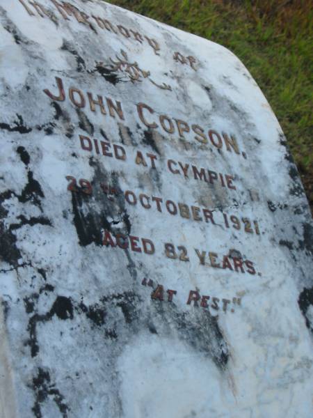 John COPSON,  | died Gympie 29 Oct 1921 aged 82 years;  | Tiaro cemetery, Fraser Coast Region  | 