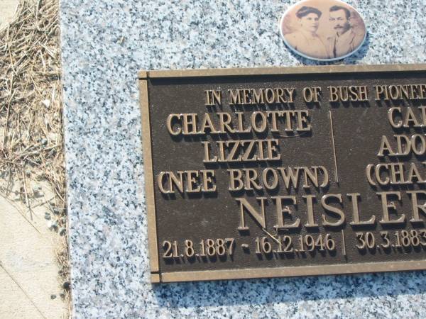 Charlotte Lizzie NEISLER (nee BROWN),  | 21-8-1887 - 16-12-1946;  | Carl Adolph (Charlie) NEISLER,  | 30-3-1883 - 8-11-1962;  | Tiaro cemetery, Fraser Coast Region  | 