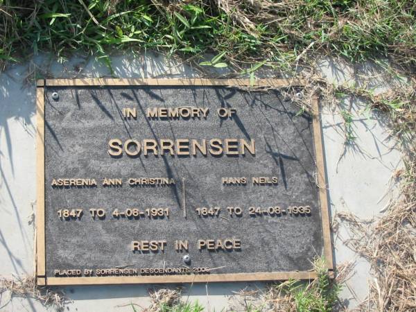 Aserenia Ann Christina SORRENSEN,  | 1847 - 4-08-1931;  | Hans Neils SORRENSEN,  | 1847 - 24-08-1935;  | Tiaro cemetery, Fraser Coast Region  | 