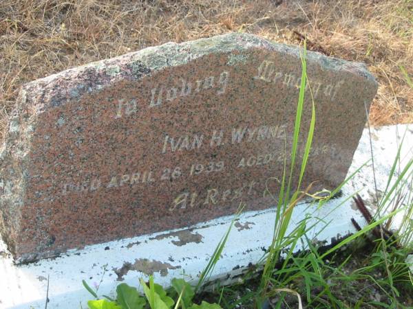 Ivan H. WYNNE,  | died 28 April 1939 aged 23 years;  | Jerry,  | dad;  | Gladys WYNNE,  | died 16 April 1950 aged 30 years;  | Tiaro cemetery, Fraser Coast Region  | 