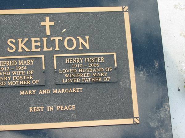 Winifred Mary SKELTON,  | 1912 - 1954,  | wife of Henry Foster,  | mother of Mary & Margaret;  | Henry Foster SKELTON,  | 1910 - 2006,  | husband of Winifred Mary,  | father of Mary & Margaret;  | Tiaro cemetery, Fraser Coast Region  | 