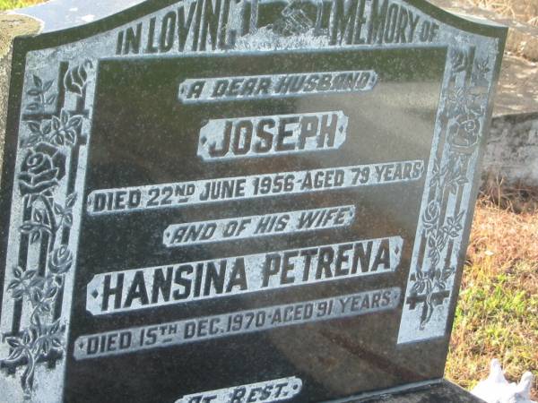 Joseph WADE,  | husband,  | died 22 June 1956 aged 79 years;  | Hansina Petrena WADE,  | wife,  | died 15 Dec 1970 aged 91 years;  | Tiaro cemetery, Fraser Coast Region  | 