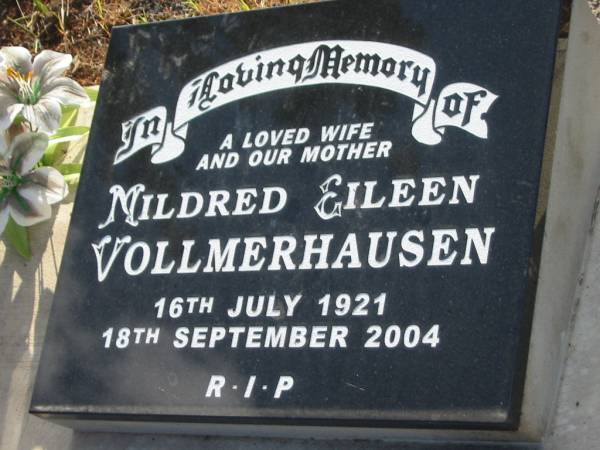 Mildred Eileen VOLLMERHAUSEN,  | wife mother,  | 16 July 1921 - 18 Sept 2004;  | Tiaro cemetery, Fraser Coast Region  | 