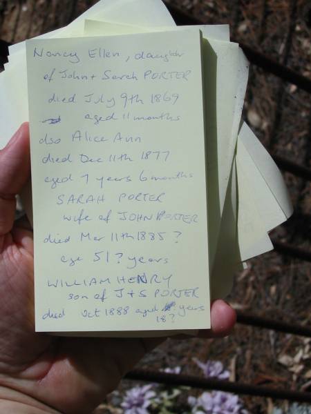 Nancy Ellen  | daughter of John and Sarah PORTER  | died July 9th 1869 aged 11 months,  | also Alice Ann  | died Dec 11th 1877 aged 7 years 6 months,  | Sarah PORTER  | wife of John PORTER  | died Mar 11th 1885 aged 51? years,  | William Henry  | son of J and S PORTER  | died Oct 1888 aged 18 years,  | Tingalpa Christ Church (Anglican) cemetery, Brisbane  |   | 
