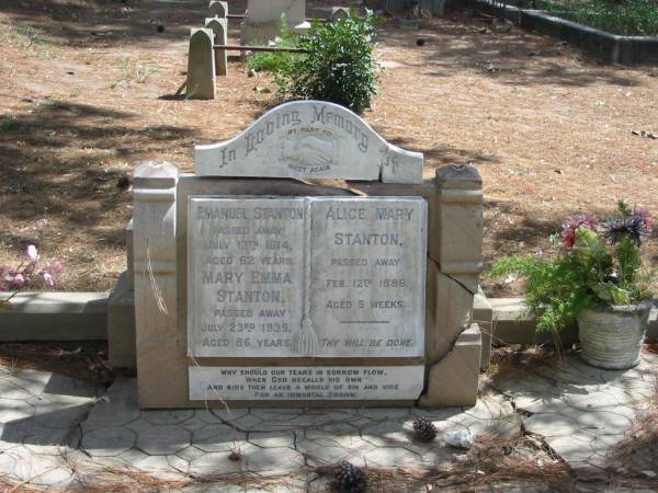 Emanuel STANTON died 13 July 1914 aged 62 years,  | Mary Emma STANTON died 23 July 1939 aged 86 years,  | Alice Mary STANTON died 12 Feb 1886 aged 5 weeks,  | Tingalpa Christ Church (Anglican) cemetery, Brisbane  |   | 