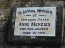 
Anne MENZIES
29 Aug 1973 aged 70
Toogoolawah Cemetery, Esk shire
