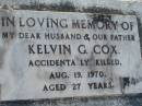 
Kelvin G COX
19 Aug 1970 aged 27
Toogoolawah Cemetery, Esk shire
