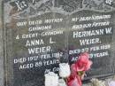 
Anna L WEIER
19 Feb 1992 aged 89
Hermann W WEIER
5 Feb 1959 aged 59
Toogoolawah Cemetery, Esk shire
