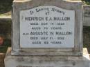
Hienrich E A MALLON
14 Sep 1929 aged 70
Auguste W MALLON
21 Jul 1932 aged 68
Toogoolawah Cemetery, Esk shire
