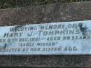 
Mary J TOMPKINS
9 Dec 1951 aged 59
Toogoolawah Cemetery, Esk shire
