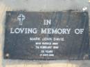 
Mark John DAVIE,
died 7 Feb 1999 aged 32 years;
Toogoolawah Cemetery, Esk shire
