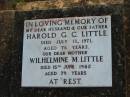 Sydney S. LITTLE, uncle, died 29-3-1967 aged 79 years; Harold G.C. LITTLE, husband father, died 13 July 1971 aged 76 years; Wilhelmine M. LITTLE, mother, died 15 June 1982 aged 79 years; Mary Jane LITTLE, died 2 July 1923 aged 64 years; Thomas R. LITTLE, grandfather, died 1946 aged 78 years; Beatrice M.G. BENNETT, died 9-8-1980 aged 88 years; Toogoolawah Cemetery, Esk shire 