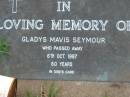 
Gladys Mavis SEYMOUR
6 Oct 1987 aged 60
Toogoolawah Cemetery, Esk shire
