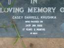 
Casey Darrell KRUSHKA
24 Jan 1988 aged 17 years 6 months
Toogoolawah Cemetery, Esk shire
