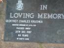 Geoffrey Charles KRUSHKA 25 Dec 1987 aged 66 (husband of Leta Fay) Toogoolawah Cemetery, Esk shire 