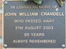 
John William CRANDELL
21 Aug 2003 aged 90
Toogoolawah Cemetery, Esk shire

