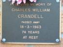 Charles William CRANDELL 18 Mar 1963 aged 74 Toogoolawah Cemetery, Esk shire 