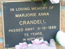 
Marjorie Anna CRANDELL
16 Dec 1986 aged 72
Toogoolawah Cemetery, Esk shire
