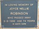 
Joyce Nellie ROBINSON
3 Aug 1996 aged 74
Toogoolawah Cemetery, Esk shire
