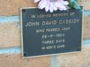 
John David CASSIDY
28 May 1964 aged 3 days
Toogoolawah Cemetery, Esk shire
