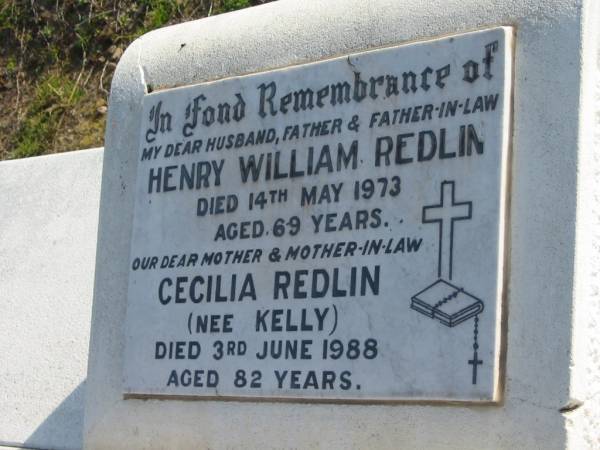 Henry William REDLIN  | 14 May 1973 aged 69  | Cecilia REDLIN (nee KELLY)  | 3 Jun 1988 aged 82  | Toogoolawah Cemetery, Esk shire  | 