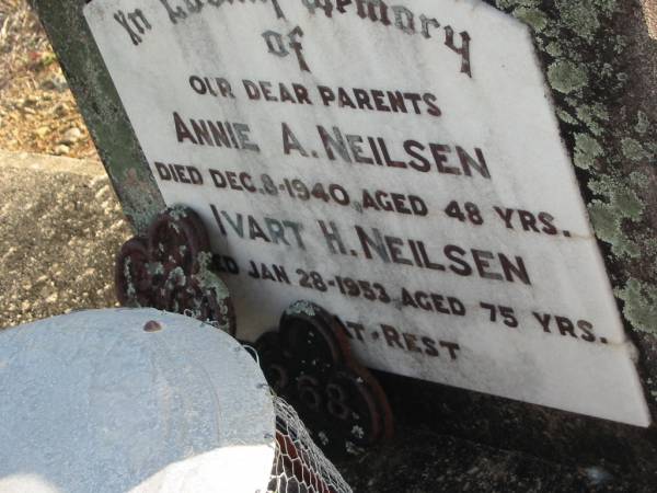 Annie A NEILSEN  | 8 Dec 1940 aged 48  | Ivart H NEILSEN  | 28 Jan 1953 aged 75  | Toogoolawah Cemetery, Esk shire  | 