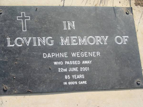 Daphne WEGENER  | 22 Jun 2001 aged 85  | Toogoolawah Cemetery, Esk shire  | 