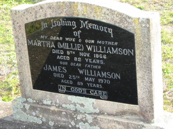 Martha (Millie) WILLIAMSON  | 9 Nov 1966 aged 82  | James WILLIAMSON  | 25 May 1970 aged 89  | Toogoolawah Cemetery, Esk shire  | 