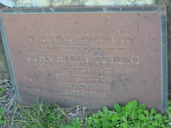 John Harry TOMLINS  | b: Coleford, England  | d: 2 Feb 1973 aged 87  | Toogoolawah Cemetery, Esk shire  | 