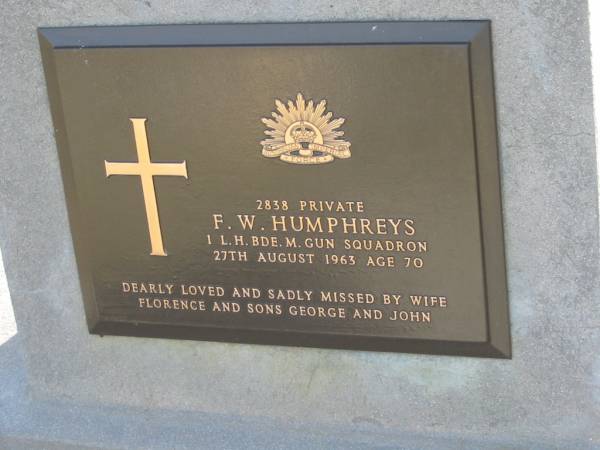 F W HUMPHREYS  | 27 Aug 1963 aged 70  | (wife Florence, sons George and John)  | Toogoolawah Cemetery, Esk shire  | 